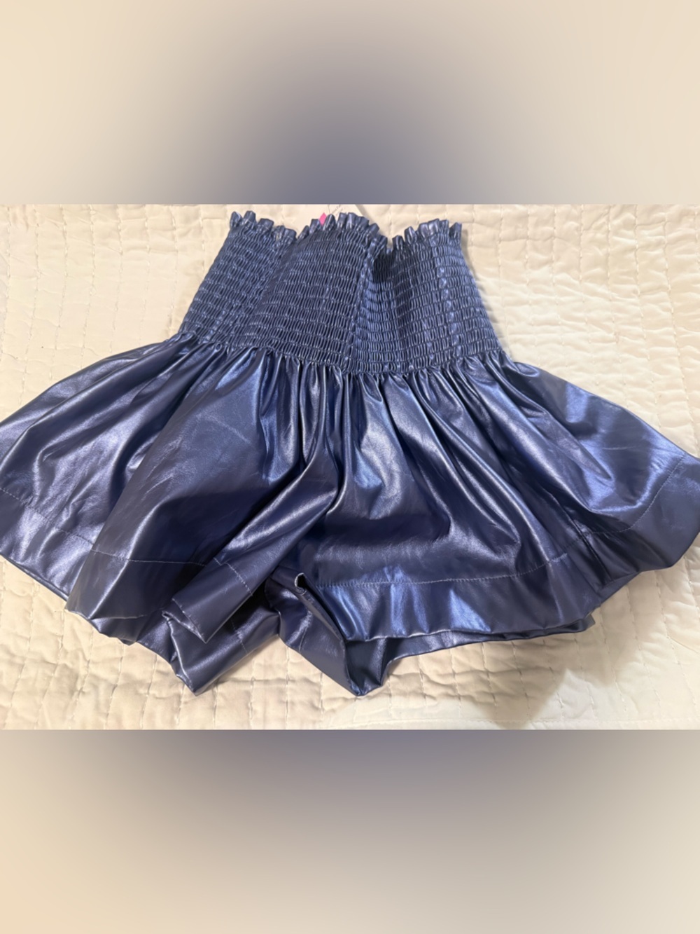 Queen of Sparkles Blue Faux Leather Smocked Mini Short Size Small Metallic